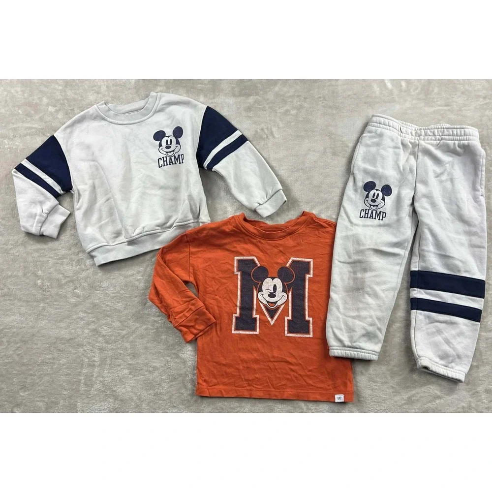 Baby Gap Disney Mickey Mouse 3pc Set Sweatshirt Joggers Tee Orange Gray 3T